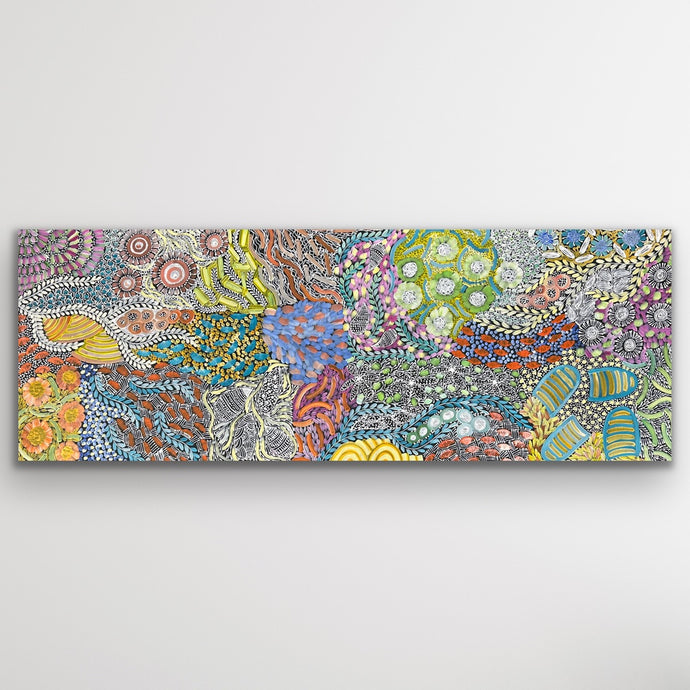 Wide Awelye painting by Karen Bird Ngale showing ceremonial body paint designs