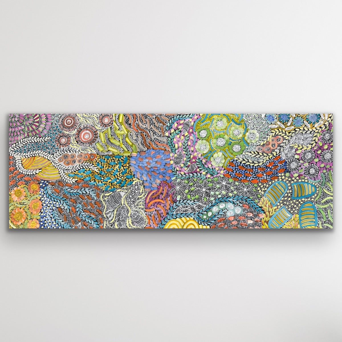Wide Awelye painting by Karen Bird Ngale showing ceremonial body paint designs