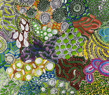 Load image into Gallery viewer, Close section of Awelye by Karen Bird Ngale highlighting fine body paint symbolism
