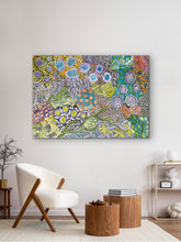 Load image into Gallery viewer, "Awelye" by Karen Bird Ngale featuring green, pink and orange tones in traditional Aboriginal dot painting style
