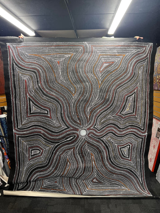  Large 205x235cm Water Dreaming painting by Marshall Jangala Robertson featuring expansive flowing dot patterns and cultural heritage