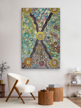 Load image into Gallery viewer, Colorful Bernadine Johnson Kemarre wall art in a living room setting with a chair and coffee table.
