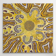 Load image into Gallery viewer, Indigenous piece with circular patterns in brown, yellow, and white on a gray background
