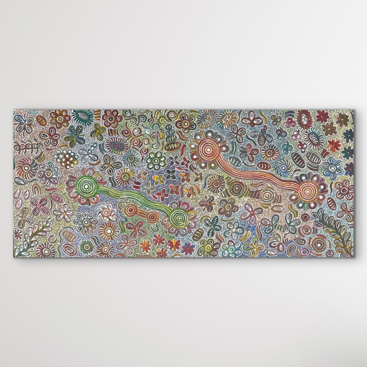 Colorful bush flower design on a large rectangular canvas