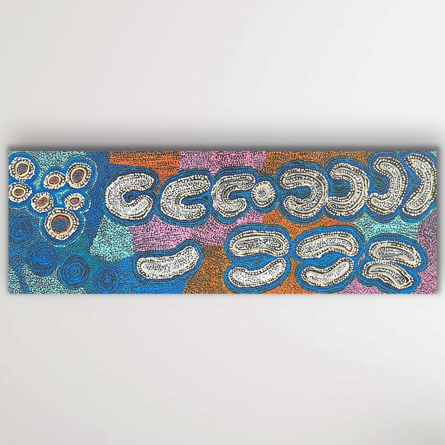 Original Aboriginal painting showing pastel-toned pathways and Seven Sisters story elements