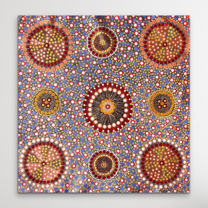 Lynette Conway Bush Flower Painting, purple, yellow, red, orange, white dot painting