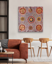 Load image into Gallery viewer, Lynette Conway Bush Flower Painting, purple, yellow, red, orange, white dot painting in living room aboriginal artwork australia
