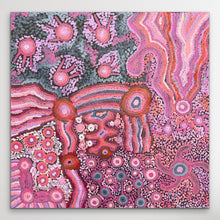 Load image into Gallery viewer, "Mamungari-Nya" Renae Nakamarra Nelson 60cm x 59cm  dense dot pattern in pink, magenta, coral, purple, gray, and white, featuring organic circular and wavy forms on a square canvas.
