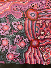 Load image into Gallery viewer, "Mamungari-Nya" Renae Nakamarra Nelson 60cm x 59cm dot painting artwork featuring intricate patterns of pink, red, orange, purple, and green dots forming organic circular and wavy motifs on a dark background.
