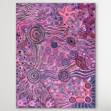 Load image into Gallery viewer, Close up of Mamungari Nya by Renae Nakamarra Nelson showcasing intricate dot work, circular motifs and detailed pink and purple patterns.
