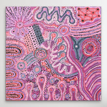 Load image into Gallery viewer, Full view of Mamungari Nya, an original Aboriginal artwork by Renae Nakamarra Nelson featuring intricate dot work and flowing patterns in pink, purple, red and white.
