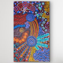 Load image into Gallery viewer, Close detail highlighting radiating lines, clustered circles and strong colour contrasts within the artwork.
