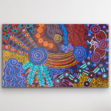 Load image into Gallery viewer, Full view of Mamungari Nya by Renae Nakamarra Nelson showing sweeping blue pathways, red circular motifs and dense dot work.
