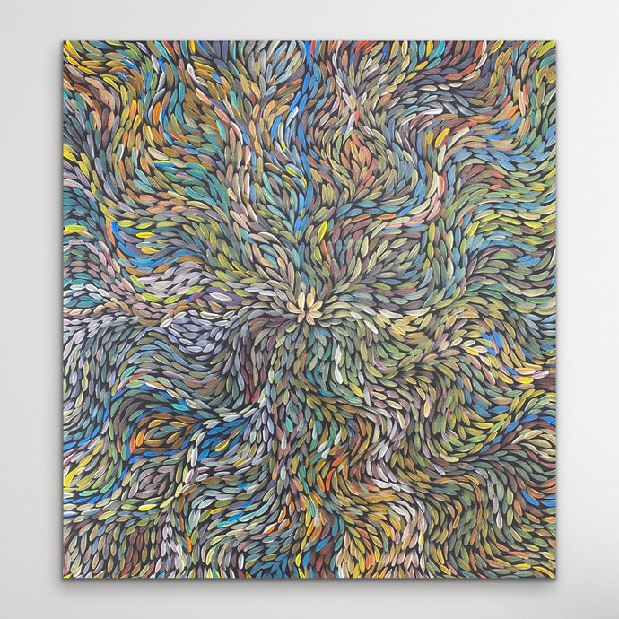 Aboriginal artwork with swirling patterns in various colors on a white background