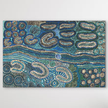 Load image into Gallery viewer, Dream time art piece with blue, green, and cream and patterns on a white wall
