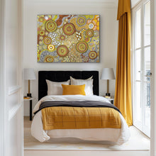 Load image into Gallery viewer, yellow themed bedroom with a colorful aboriginal painting above the bed, yellow curtains, and white walls.
