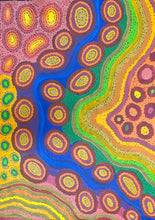 Load image into Gallery viewer, Megan Lyons APY Lands Aboriginal Artwork Wanampi Tjukurpa 81cm x 58cm Authentic Aboriginal artwork titled Wanampi Tjukurpa (Piltati) by Megan Lyons, depicting the ancestral water snake story of Piltati and sacred rockholes near Nyapari, 81cm x 58cm, presented by Art by Farquhar.
