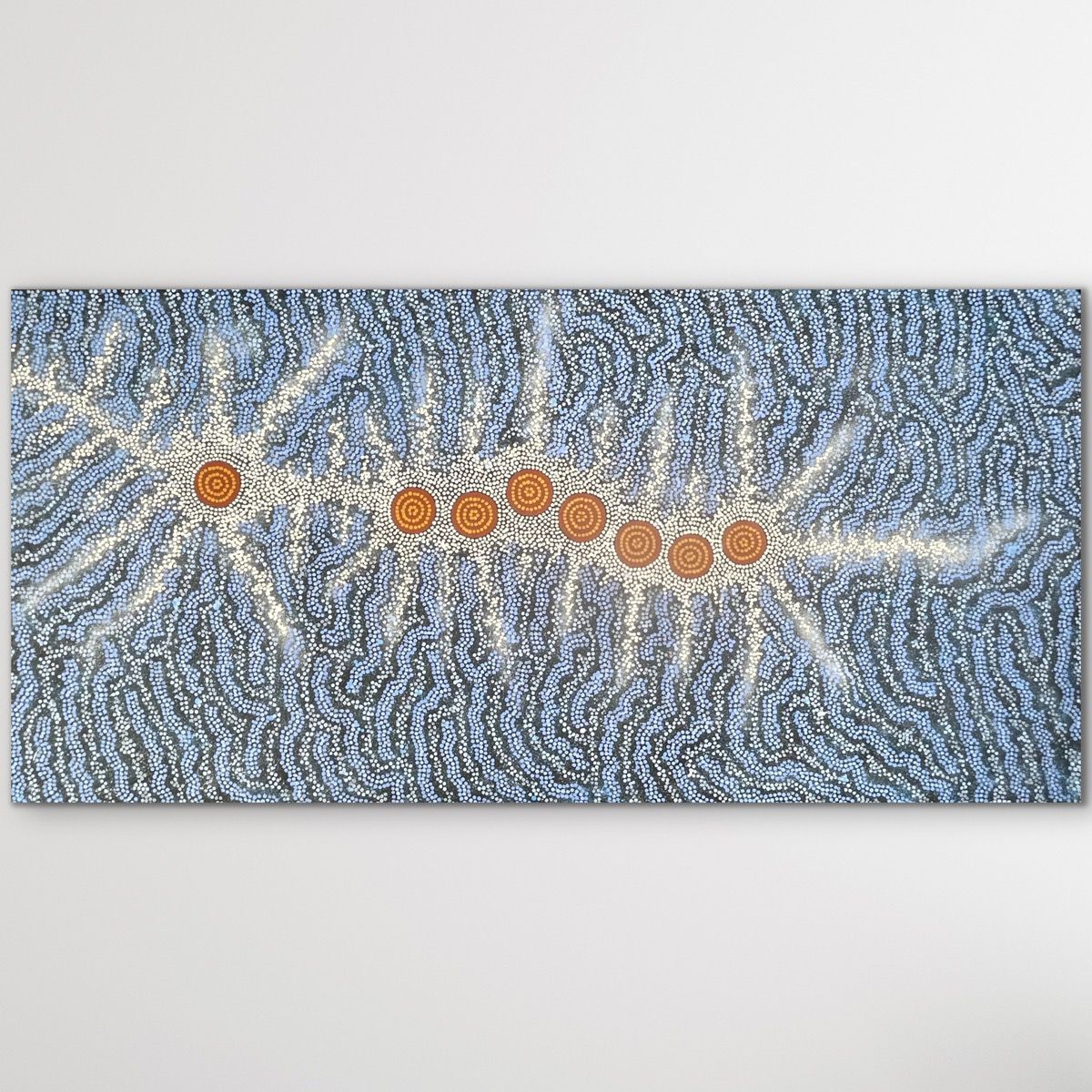 Michelle Possum Nungurrayi Aboriginal painting displayed on a white gallery wall 204cm x 100cm