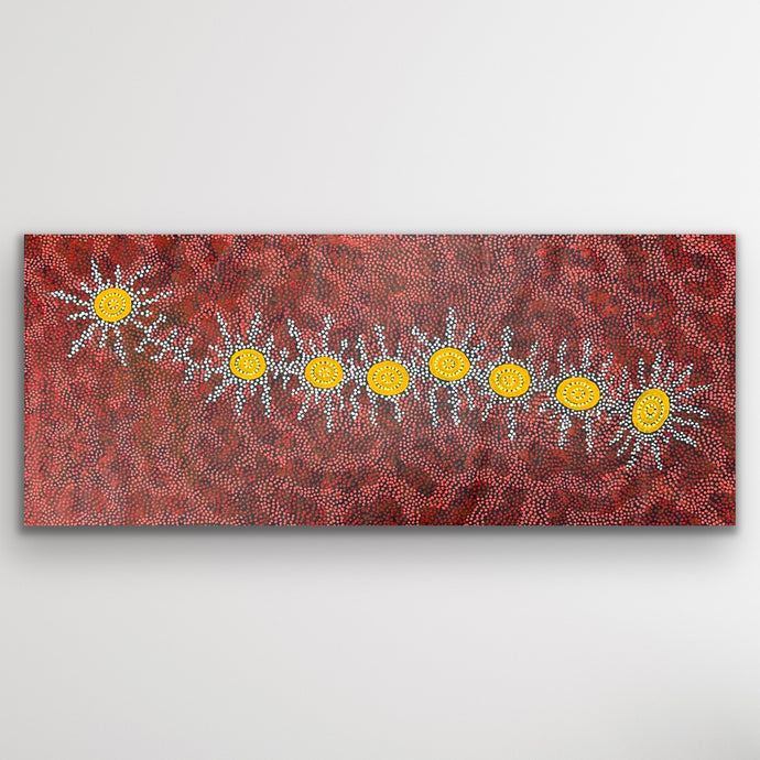 Aboriginal artwork Seven Sisters Dreaming by Michelle Possum Nungurrayi on red tones