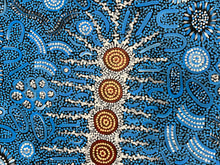 Load image into Gallery viewer, Zoomed section of circular motifs and flowing designs within the Seven Sisters and Women Dancing Ceremony artwork.

