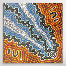 Load image into Gallery viewer, Original Aboriginal painting showing ceremonial tracks, curved pathways and strong contrasting colours
