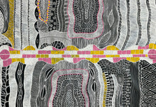 Load image into Gallery viewer, Zoomed detail of Mina Mina Dreaming with pink and yellow line work and intricate dotting.
