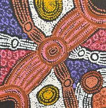 Load image into Gallery viewer, Detailed crop of Minma Maliilu highlighting warm reds, yellows and white dot work arranged in flowing patterns.
