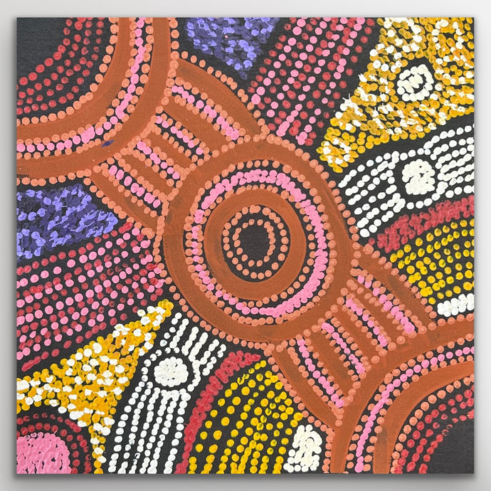 Close-up of circular dot patterns in warm earthy tones with surrounding colour fields