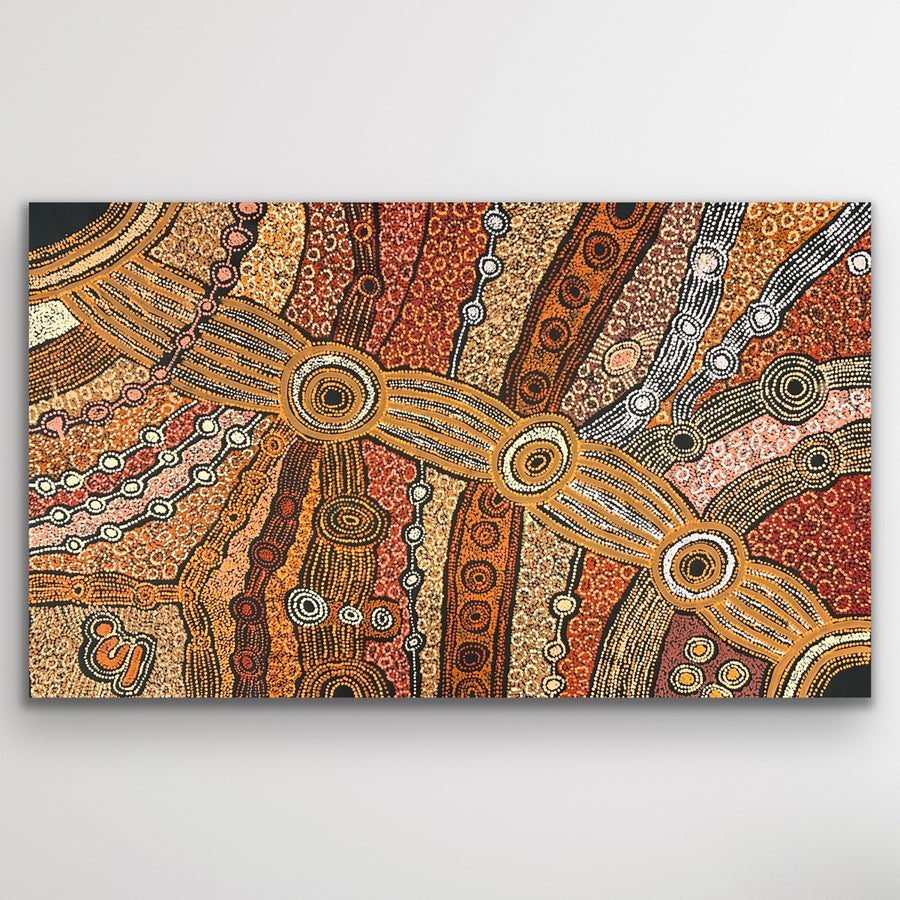 Original Aboriginal painting “Minma Malilu” by Clarise Tunkin featuring detailed desert pathways and traditional symbolism