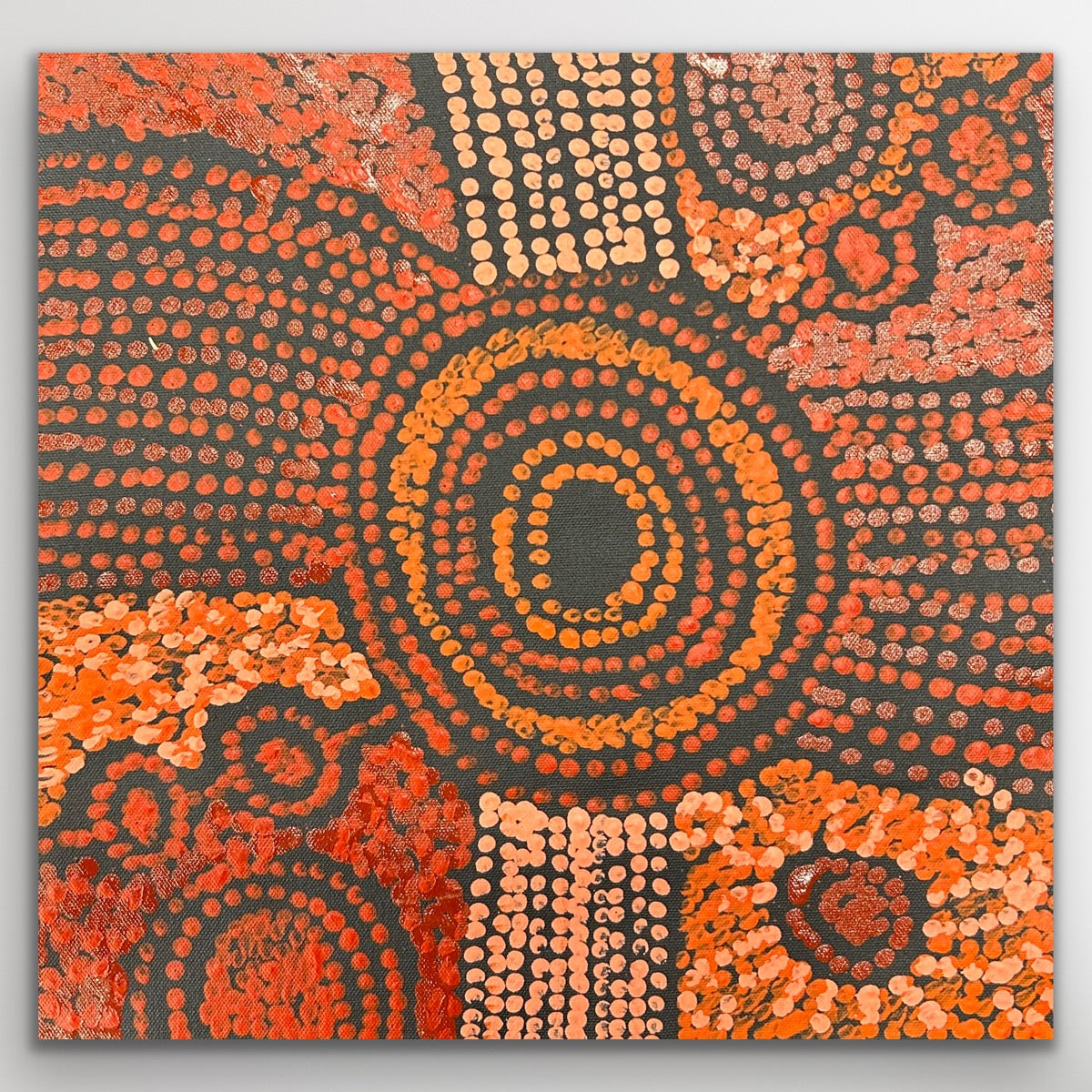 Original Aboriginal desert painting Minma Malilu by Clarise Tunkin, measuring 30 × 30 cm