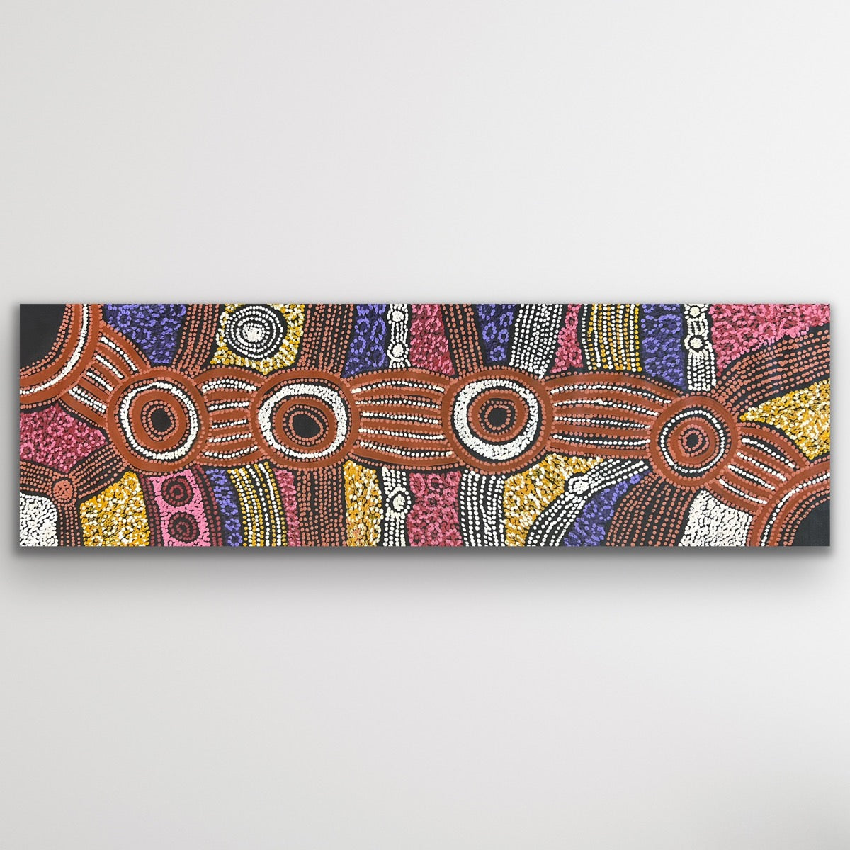 Full view of Clarise Tunkin’s Minma Malilu painting showing circular motifs, line work and detailed dot patterns.