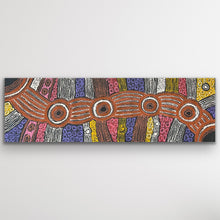 Load image into Gallery viewer, Full view of Clarise Tunkin’s Minma Malilu painting in horizontal format showing detailed circles and dot work.
