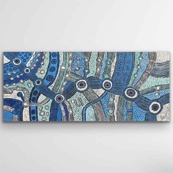 Original Aboriginal artwork featuring blue pathways, water sources and fine dotted patterning
