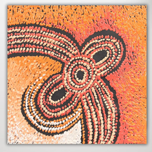 Load image into Gallery viewer, Square view of Teresa Baker’s Minyma Maililu showing concentric patterns in red, orange and black representing the sacred Maililu story.
