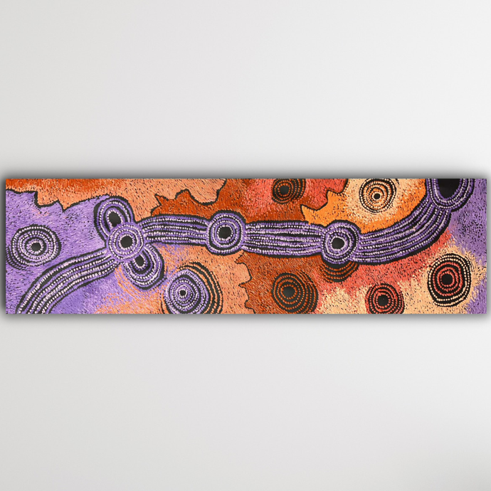 Full landscape image of Teresa Baker’s Minyma Maililu, showing rhythmic dot work and contrasting tones symbolising sacred desert pathways.