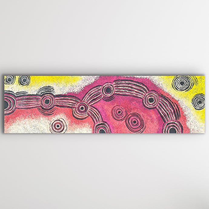 Full image of Minyma Maililu by Teresa Baker showing vibrant pink and black circular designs representing the journey of Maililu.