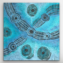 Load image into Gallery viewer, Full image of Minyma Mailiu by Teresa Baker showing circular turquoise and cobalt blue formations symbolising sacred sites.
