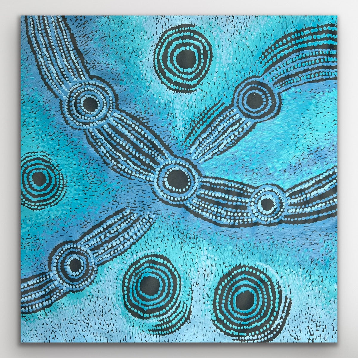 Full image of Minyma Mailiu by Teresa Baker showing circular turquoise and cobalt blue formations symbolising sacred sites.