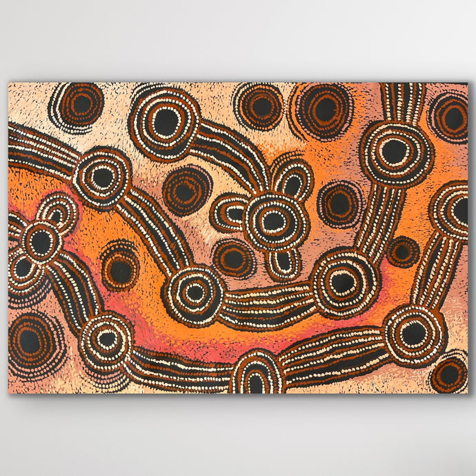 Original Aboriginal painting “Minyma Malilu” by Teresa Baker featuring deep ochre tones and concentric Dreaming symbols
