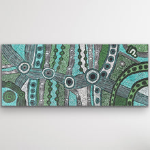 Load image into Gallery viewer, Full view of Minyma Malilu by Clarise Tunkin showing flowing green pathways, repeated circular forms and detailed dot painting.
