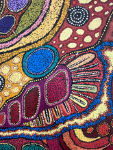 Load image into Gallery viewer, Colourful abstract artwork with concentric circles and patterns, &quot;My Country&quot; Damien and Yilpi Marks 202cm x 148cm Close up detailed dot painting aboriginal art from Australia
