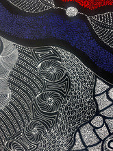 Load image into Gallery viewer, "My Country" Rayleen Pula Price 153cm x 88cm Aboriginal dot painting artwork featuring intricate patterns in black, white, blue, and red.
