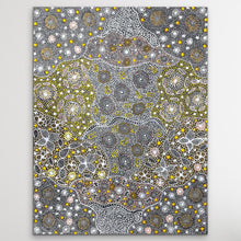 Load image into Gallery viewer, "My Country" Rochelle Bird Mbitjana 120cm x 92cm Authentic Aboriginal painting with yellows and cream colours, birds eye view of Utopia
