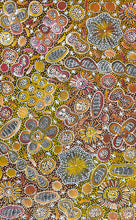 Load image into Gallery viewer, Colorful aboriginal painting with various shapes and colors on a yellow background
