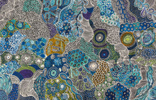 Load image into Gallery viewer, Close-up angled view of Janet Golder Kngwarreye’s My Country Utopia showing rich blue tones and textured dotting.
