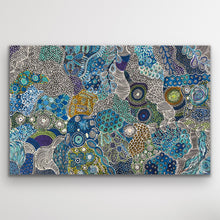 Load image into Gallery viewer, My Country Utopia painting by Janet Golder Kngwarreye featuring intricate blue, green and gold dot work across the canvas.
