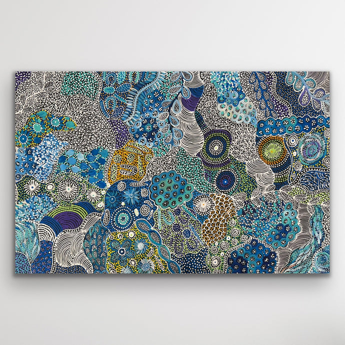 My Country Utopia painting by Janet Golder Kngwarreye featuring intricate blue, green and gold dot work across the canvas.