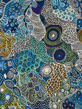 Load image into Gallery viewer, Right side of Janet Golder Kngwarreye’s My Country Utopia with fine dotting and blended blues, greens and soft whites.
