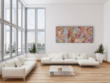 Load image into Gallery viewer, Modern living room with white sofa, coffee table, and My Country (Utopia) Janet Golder Kngwarreye 201cm x 87cm artwork on the wall.
