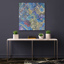 Load image into Gallery viewer, &quot;My Country (Utopia)&quot; Janet Golder Kngwarreye 94cm x 90cm on a dark wall above a console table with decorative items.
